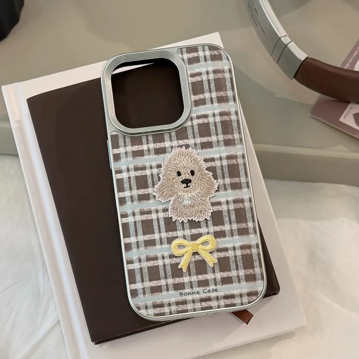 Korean Plaid Cartoon Puppy Bowknot Embroideried Silver Border Phone Case For iPhone PhoneShells