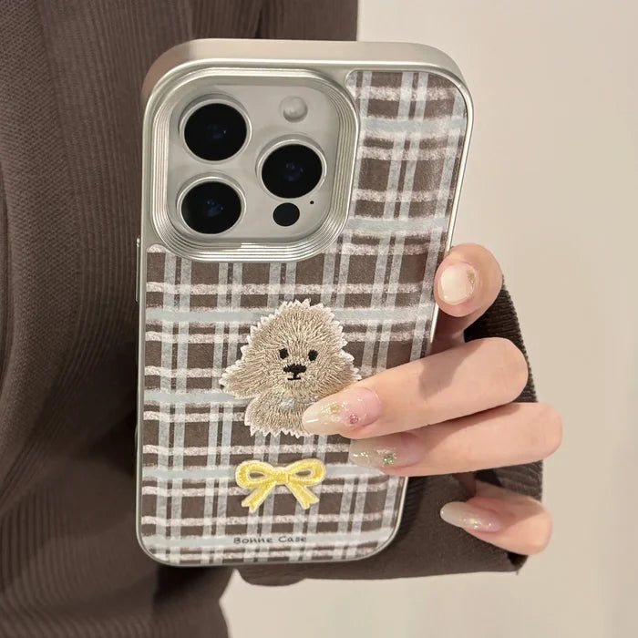 Korean Plaid Cartoon Puppy Bowknot Embroideried Silver Border Phone Case For iPhone PhoneShells