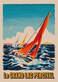 The Le Grand Lac Percival art print, a vintage-style illustration of a sailboat with vibrant orange sails on a lake.