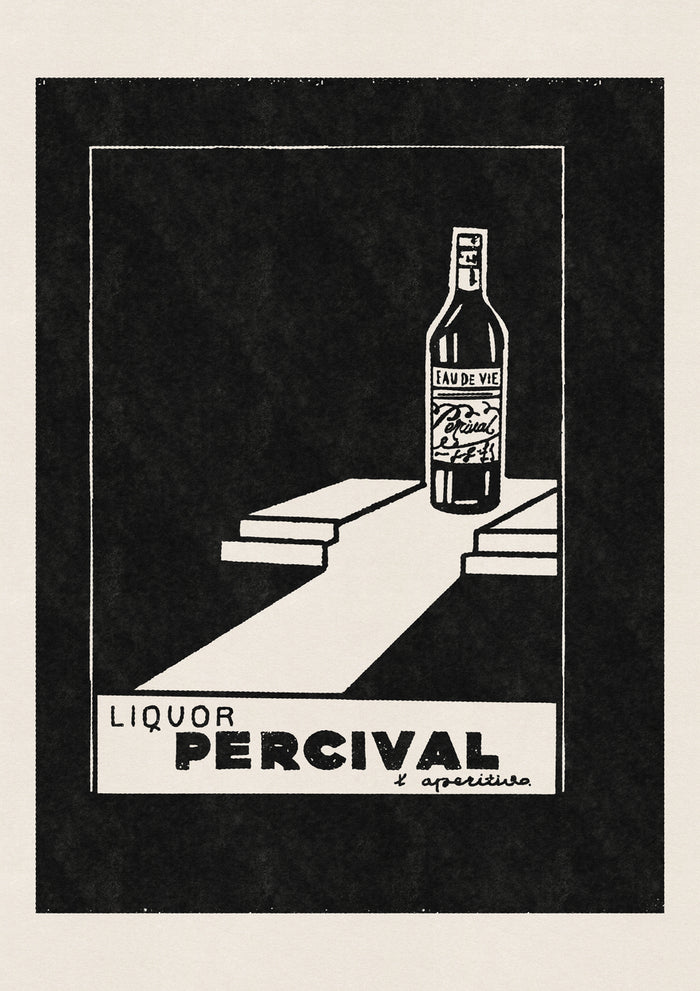 Minimalist black and white Percival liquor print featuring an Eau De Vie bottle and l'aperitivo text.
