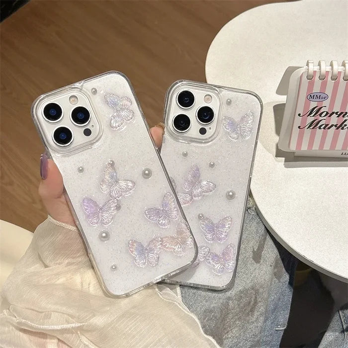 Luxury 3D Butterfly Pearl Drop Glue Glitter Phone Case For iPhone PhoneShells