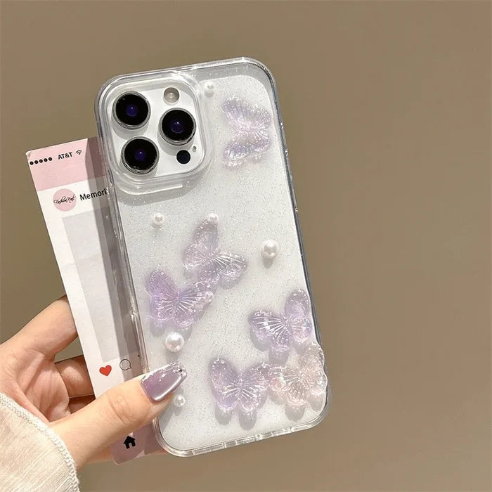 Luxury 3D Butterfly Pearl Drop Glue Glitter Phone Case For iPhone PhoneShells