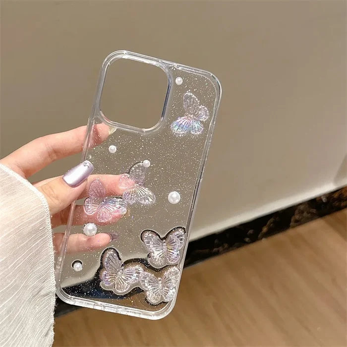 Luxury 3D Butterfly Pearl Drop Glue Glitter Phone Case For iPhone PhoneShells