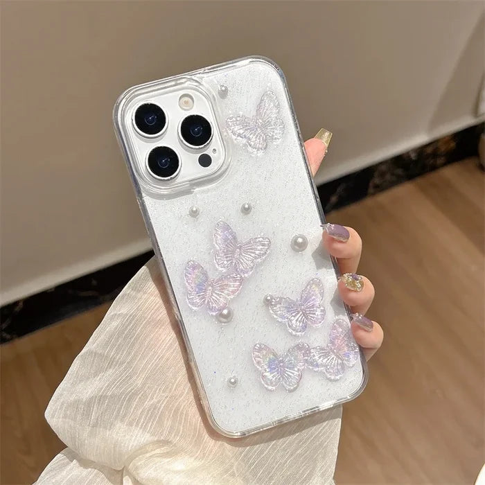 Luxury 3D Butterfly Pearl Drop Glue Glitter Phone Case For iPhone PhoneShells