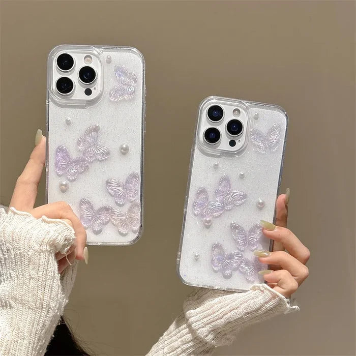 Luxury 3D Butterfly Pearl Drop Glue Glitter Phone Case For iPhone PhoneShells