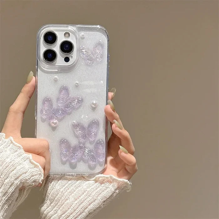 Luxury 3D Butterfly Pearl Drop Glue Glitter Phone Case For iPhone PhoneShells