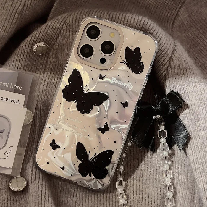 Luxury Black Butterfly Water Ripple Phone Case With Lanyard For iPhone PhoneShells