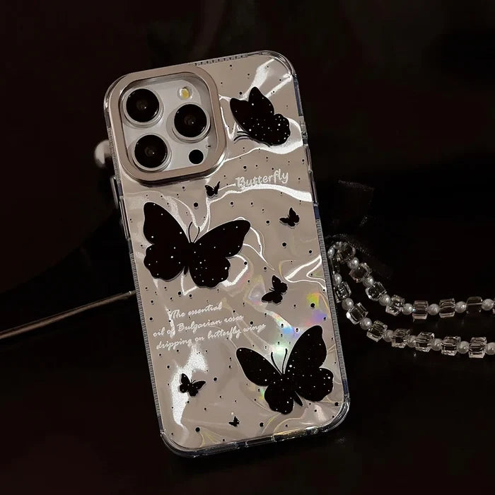 Luxury Black Butterfly Water Ripple Phone Case With Lanyard For iPhone PhoneShells