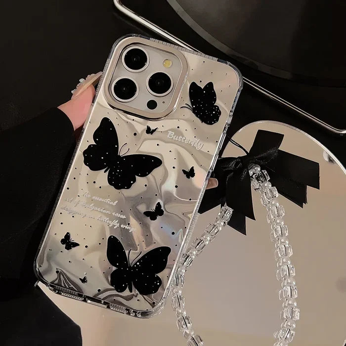 Luxury Black Butterfly Water Ripple Phone Case With Lanyard For iPhone PhoneShells
