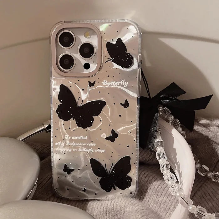 Luxury Black Butterfly Water Ripple Phone Case With Lanyard For iPhone PhoneShells