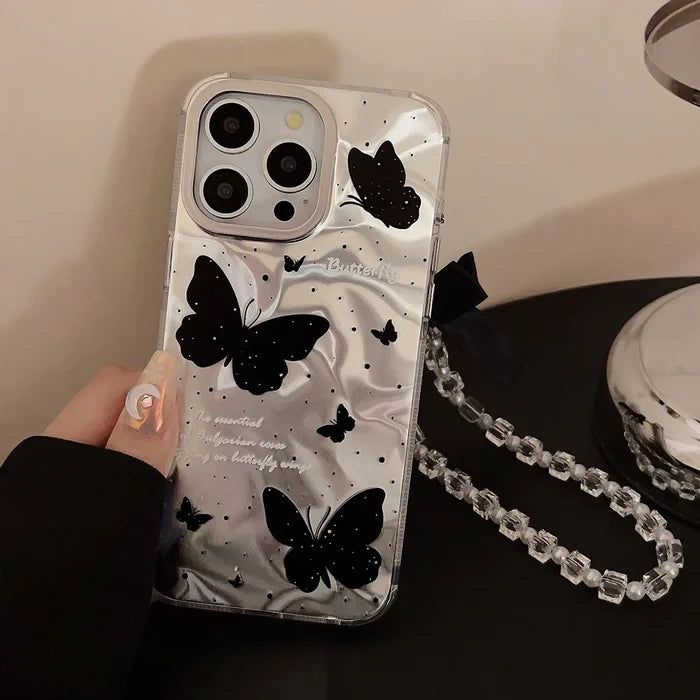 Luxury Black Butterfly Water Ripple Phone Case With Lanyard For iPhone PhoneShells