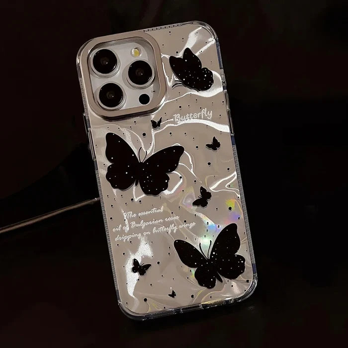 Luxury Black Butterfly Water Ripple Phone Case With Lanyard For iPhone PhoneShells