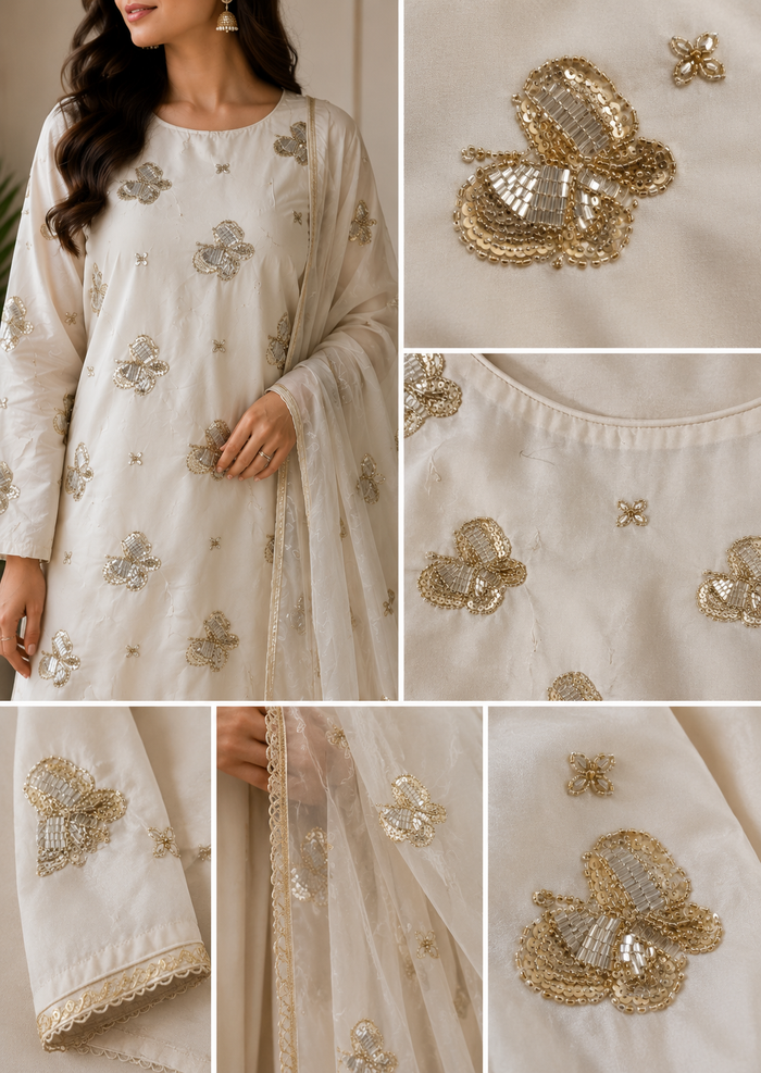 Luxury Pure Silk Embroidered 3-Piece Suit | Custom Color Available
