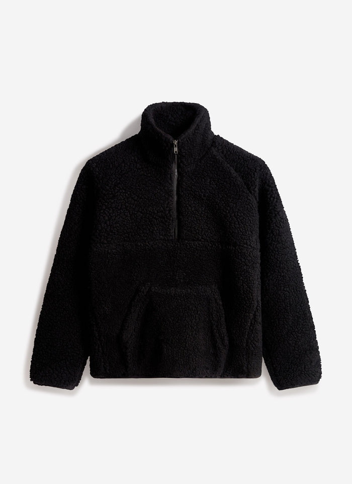 The Percival Quarter Zip Wool Fleece Pullover in black, laid flat against a simple white background.