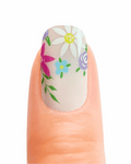 Stickers ongles en gel Miella Geeli House avec fond blanc gris, fleurs colorées et petite abeille