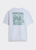White cotton Percival Motorbike T-shirt, featuring a vintage racing-green garage graphic on the back.