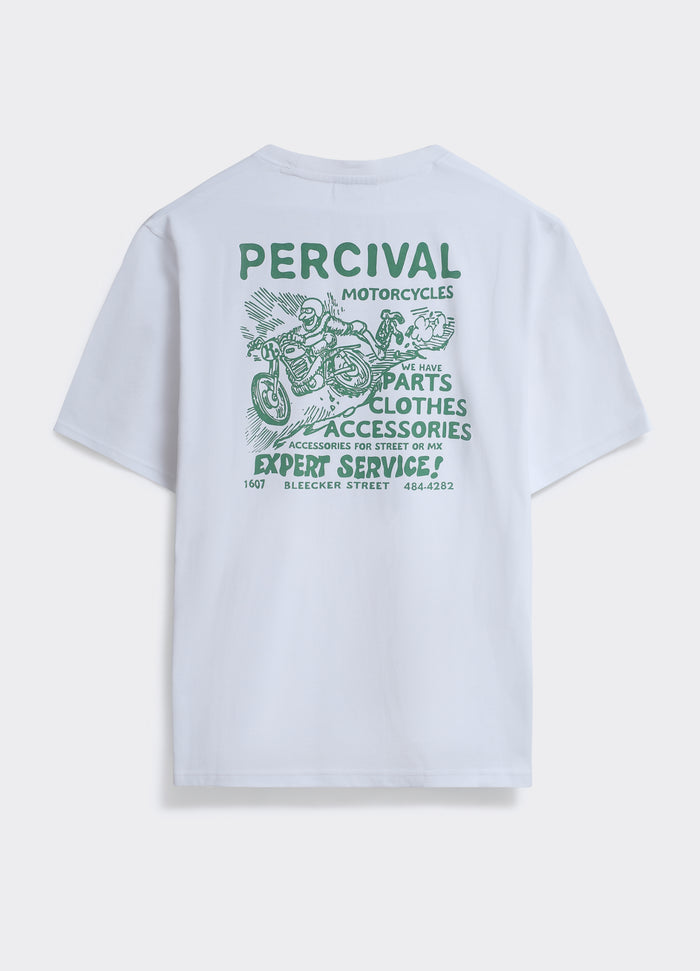 White cotton Percival Motorbike T-shirt, featuring a vintage racing-green garage graphic on the back.