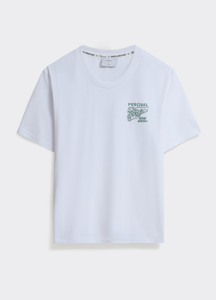 White Percival cotton jersey Motorbike T-shirt with a racing-green chest graphic, shown flat on a plain background.