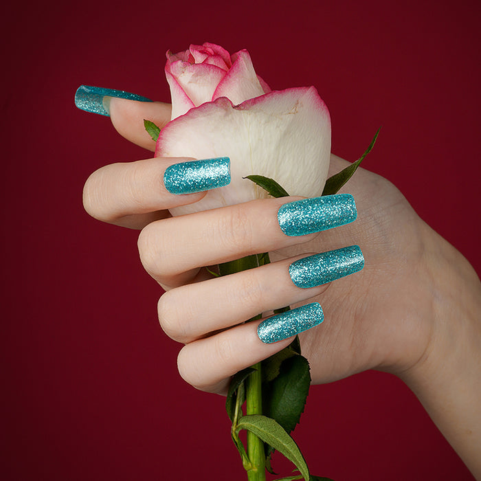Stickers ongle gel turquoise pailleté effet sable scintillant