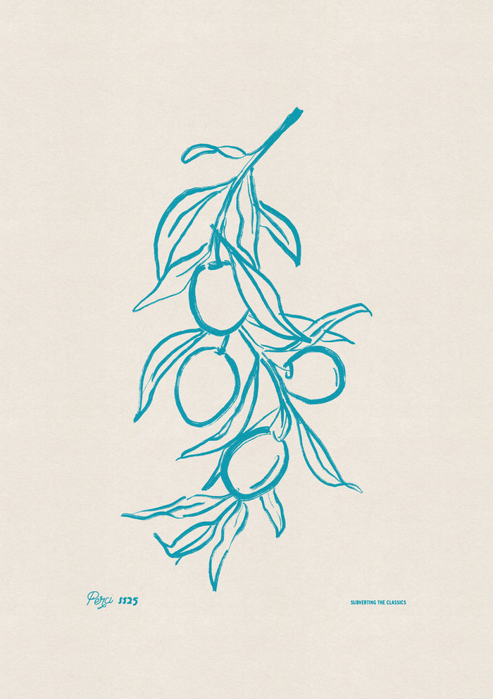 Percival Olive Branch Print, a minimalist teal hand-drawn illustration on natural white paper, featuring a matte finish.