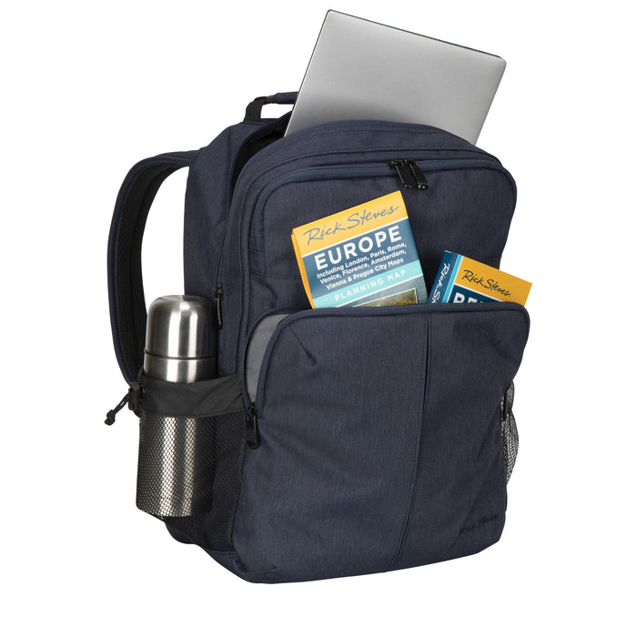 heather navy oslo backpack packed
