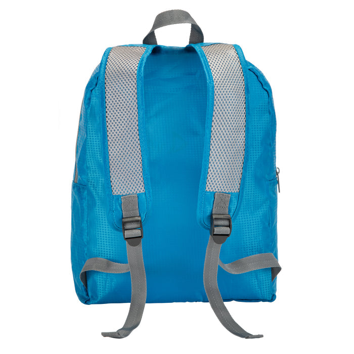 Rick Steves Packable Backpack, turquoise color, back view