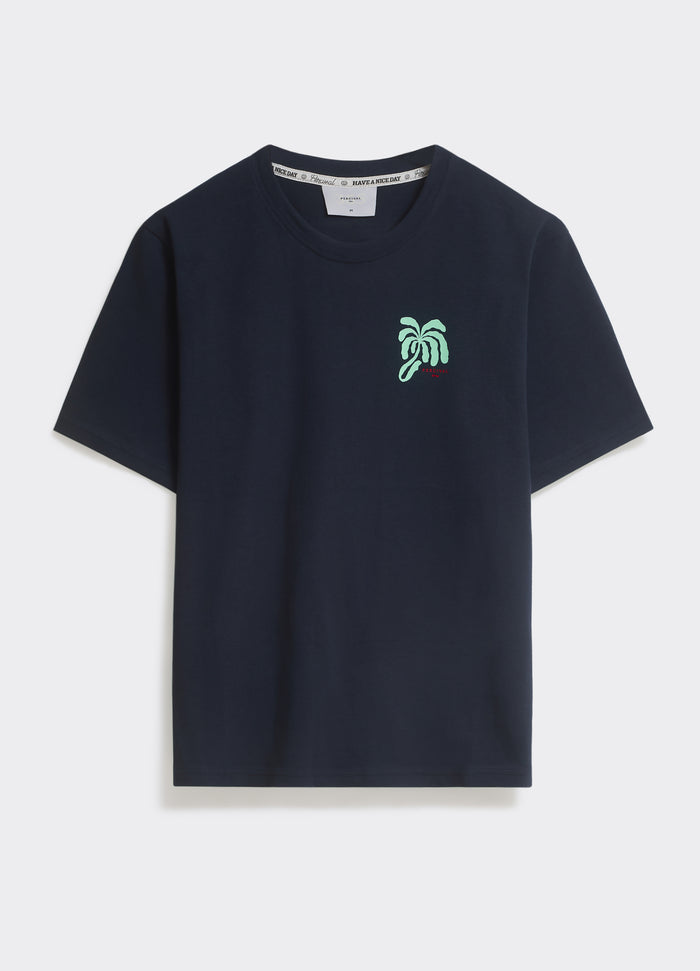 Navy blue Percival Palms T-Shirt in 100% cotton jersey, featuring a small seafoam palm tree graphic on the chest.