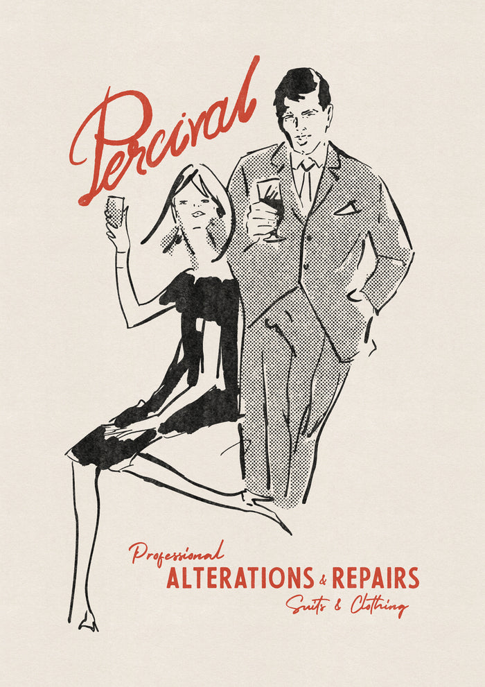 Vintage-style Percival graphic print featuring a man in a suit and a woman, set against a natural white paper background.