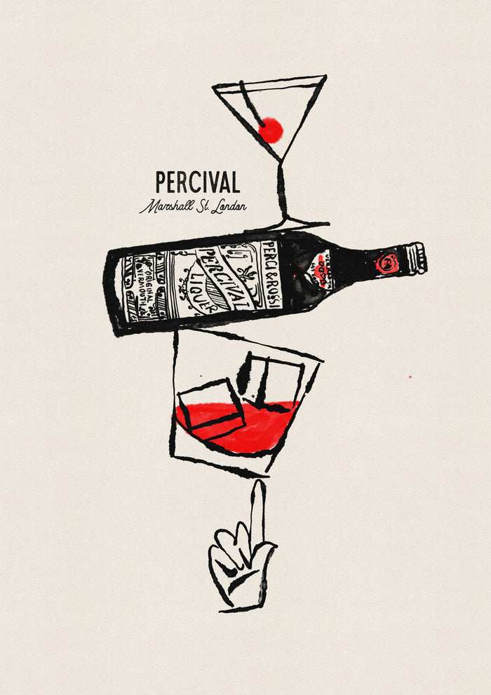 The Percival Perci & Rossi art print showing a hand-drawn illustration of a stacked cocktail glass, bottle, and glass.
