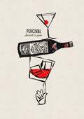 The Percival Perci & Rossi art print showing a hand-drawn illustration of a stacked cocktail glass, bottle, and glass.