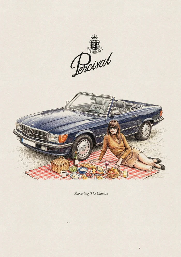 Percival fine art print featuring a navy convertible car and a woman relaxing on a red checkered picnic blanket.