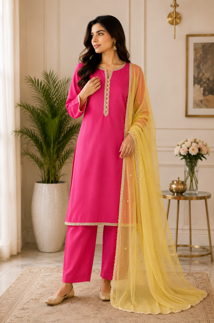Pink Silk Kurta Set with Yellow Embroidered Dupatta – 3 Piece