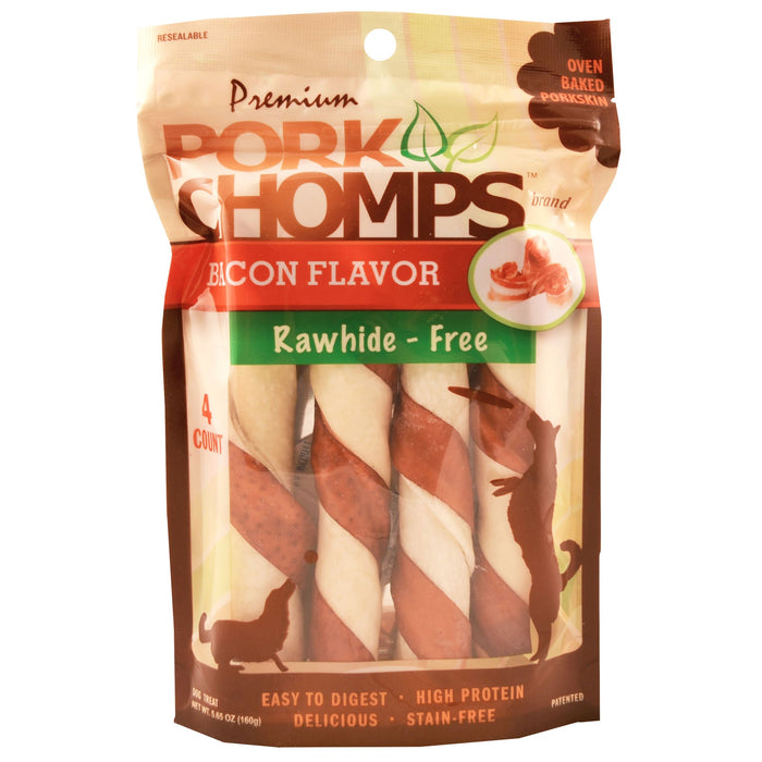 Pork Chomps Premium Twists – Rawhide - Free Dog Chews, Bacon, Chicken & Roasted, 6 - Inch Oven - Baked Treats for Medium & Large Dogs - TGMJ - Bacon - Large - 4 ct - 1