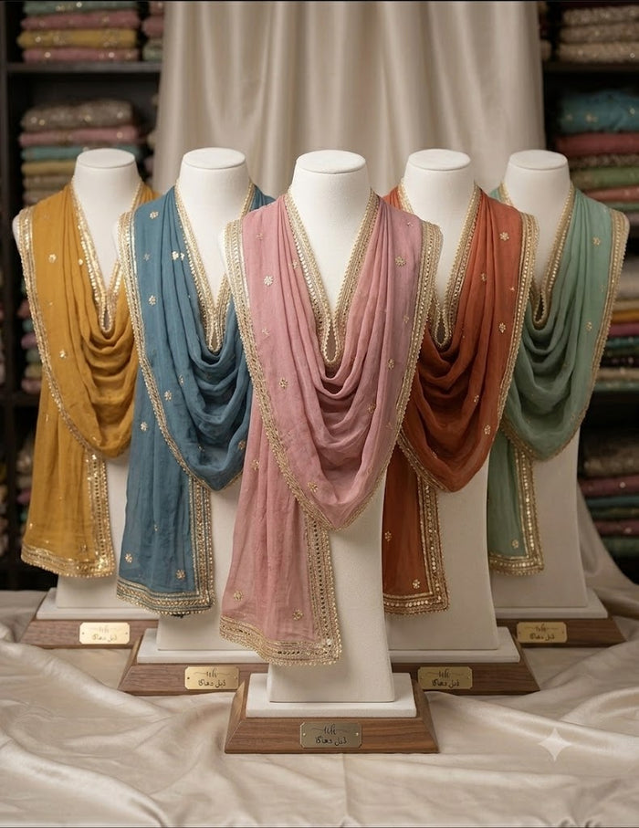 Premium Embroidered Dupatta with Golden Border – Multiple Colors