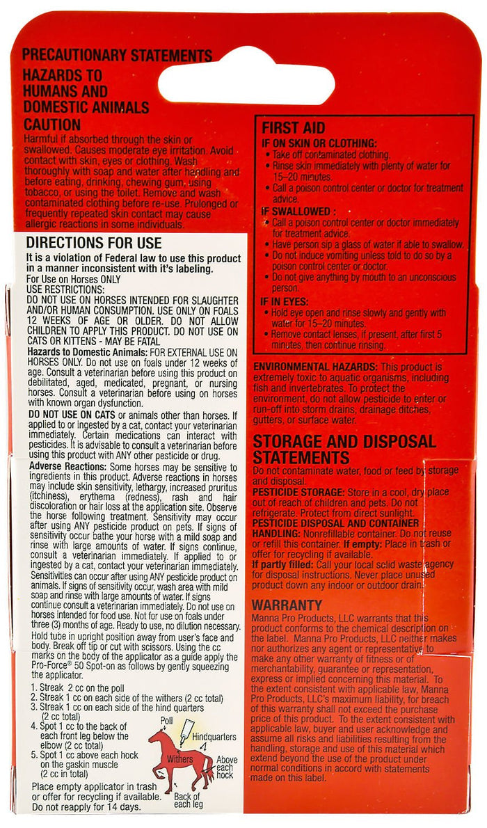 Pro Force 50 Spot On Topical Fly Treatment for Horses - CA2H - 6 pack - 2