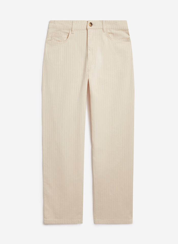 A front view of the Percival Rocco 5 Pocket Trousers in ecru, crafted from a light herringbone textured cotton.