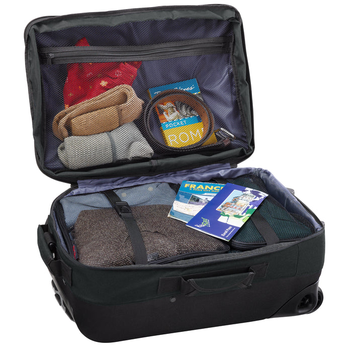 black rolling carry on inside packed