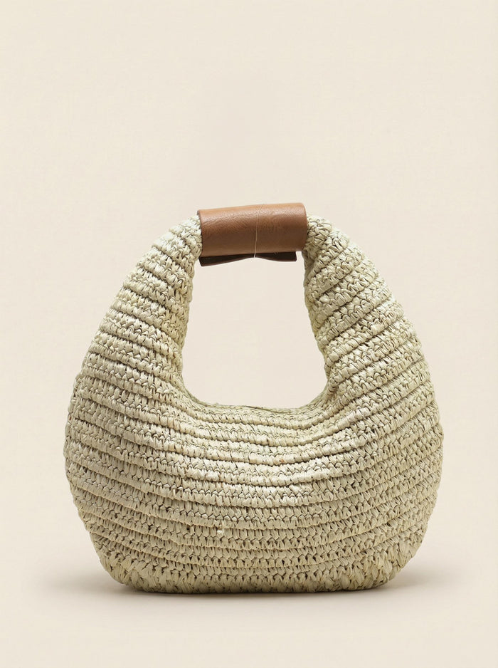 Round Crochet Woven Handheld Straw Bag LINTICO