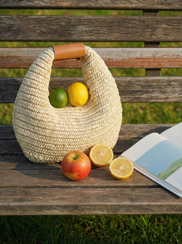Round Crochet Woven Handheld Straw Bag LINTICO