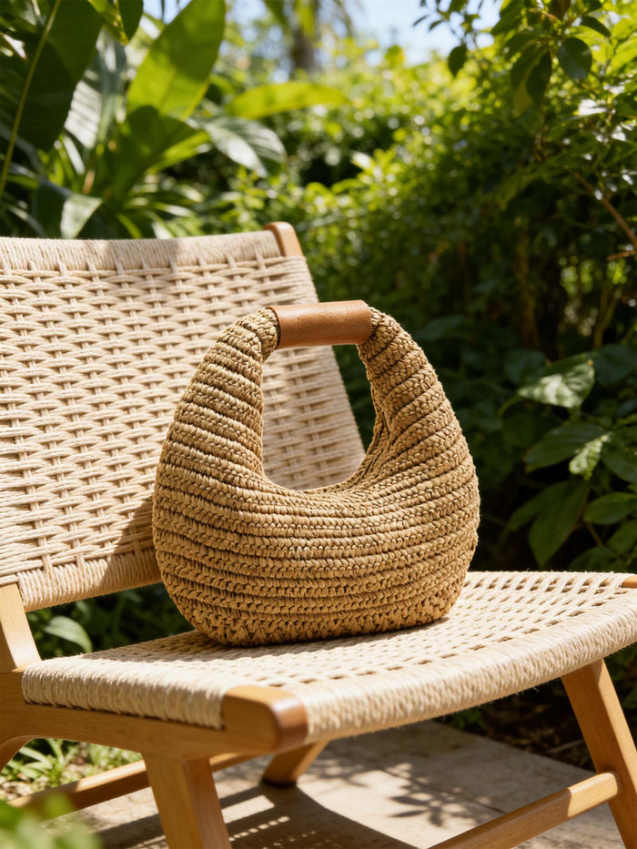 Round Crochet Woven Handheld Straw Bag LINTICO