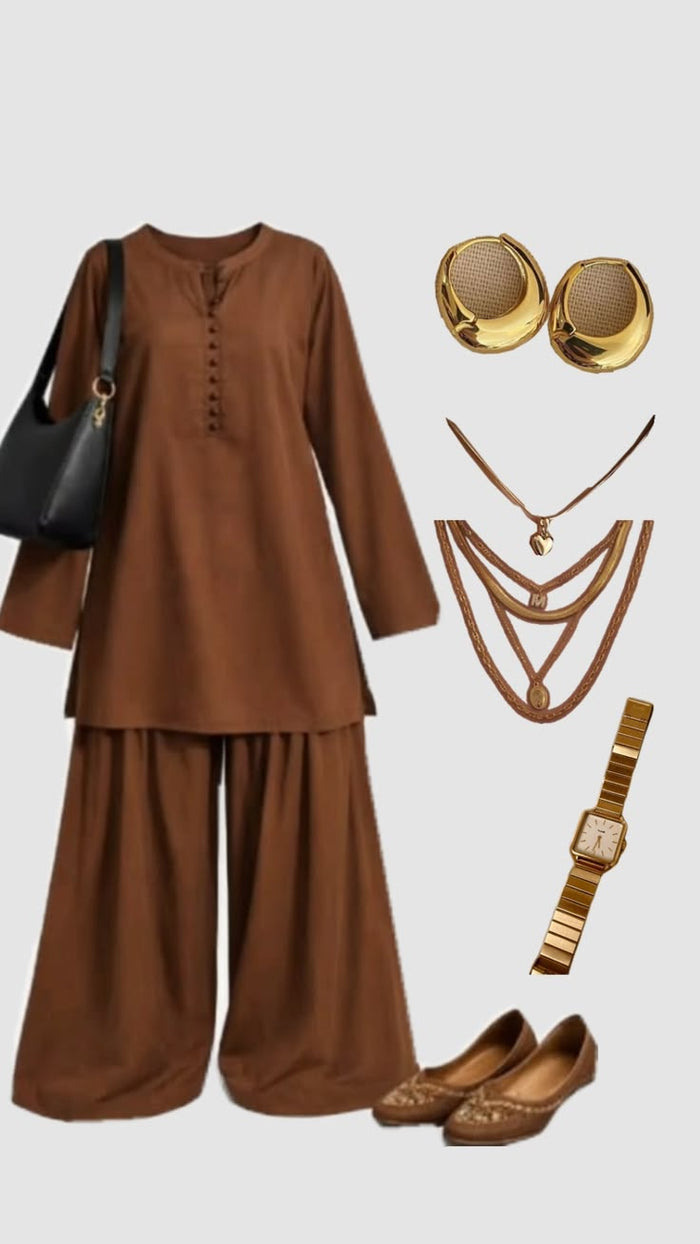 Rust Brown Kurta Palazzo Set – 2 Piece Cotton Suit for Women
