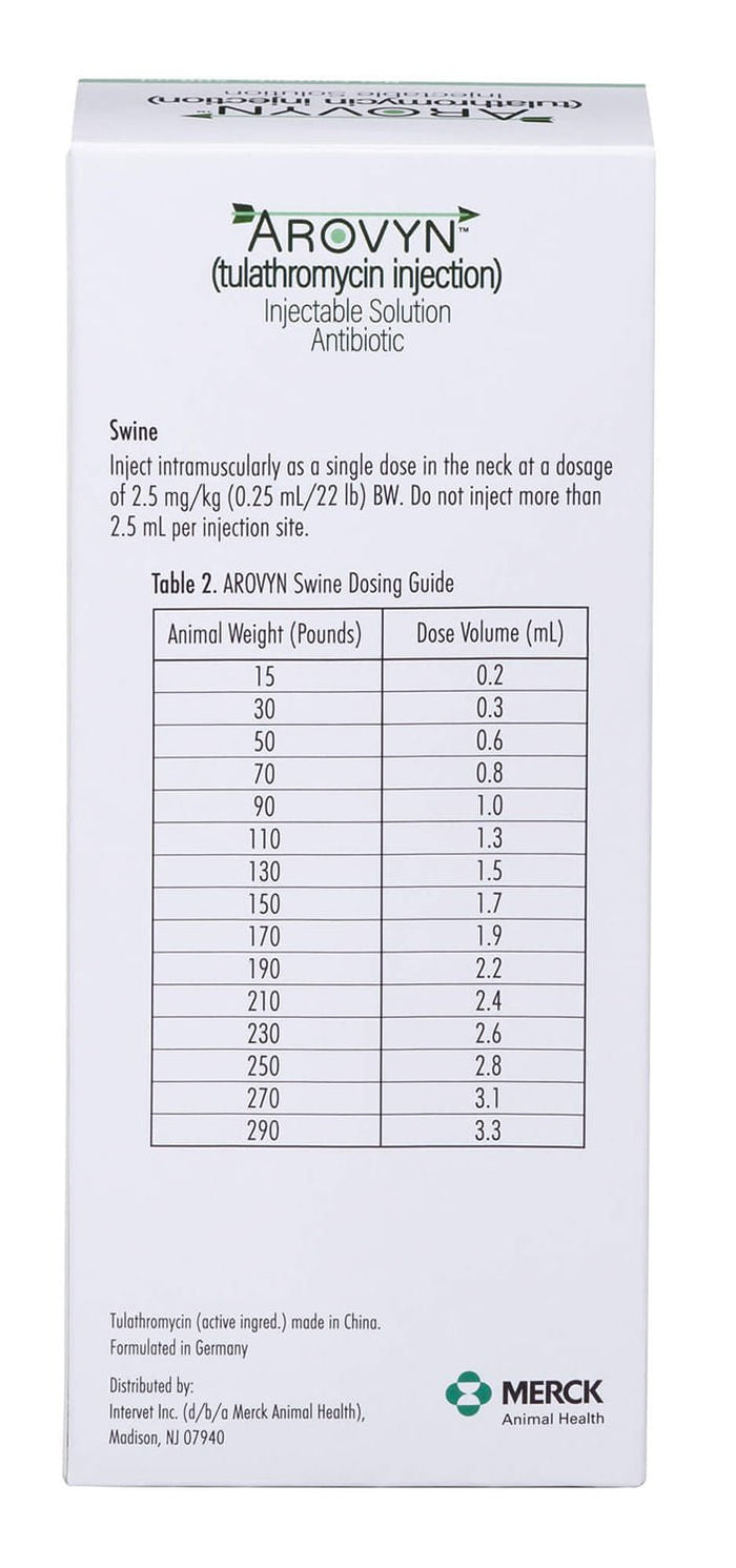 Rx Arovyn (tulathromycin) Injectable Solution for Swine & Cattle - 012MER-355595 - 250ml - 6