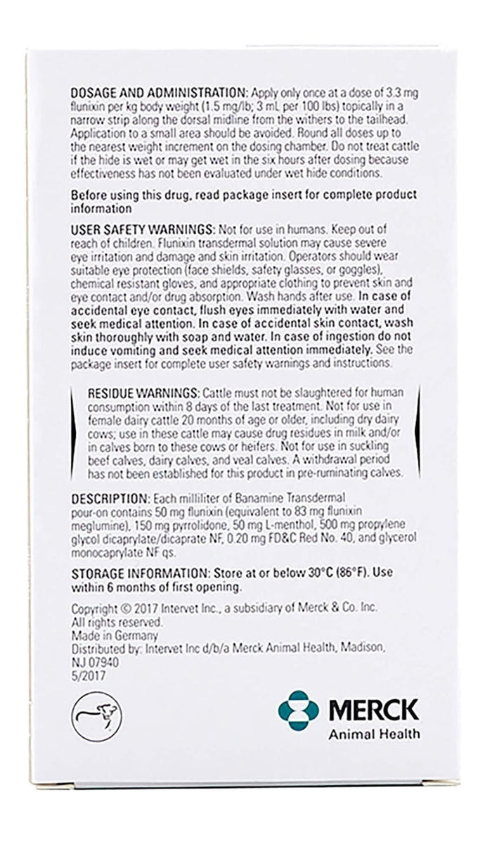 Rx Banamine Transdermal (flunixin transdermal solution) Pour - on for Cattle - 012MER-134449 - 100ml - 4
