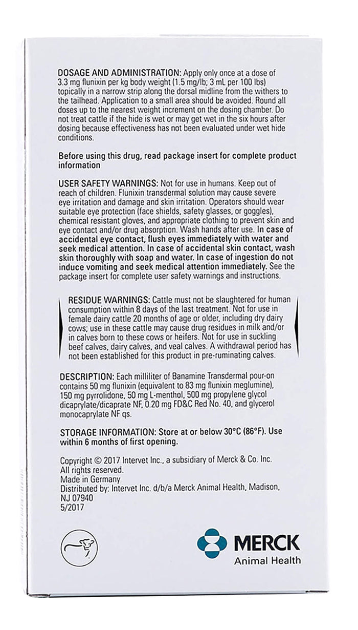 Rx Banamine Transdermal (flunixin transdermal solution) Pour - on for Cattle - 012MER-138977 - 250ml - 8