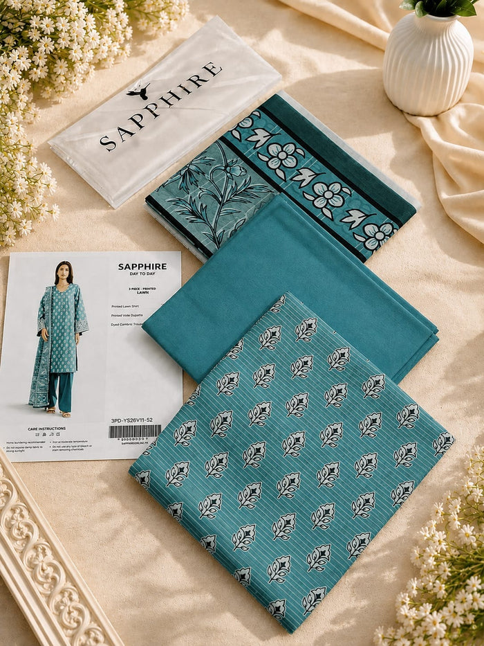 Sapphire Luxury Printed Lawn 3 Piece Suit – Design 1 | Double Dhaga