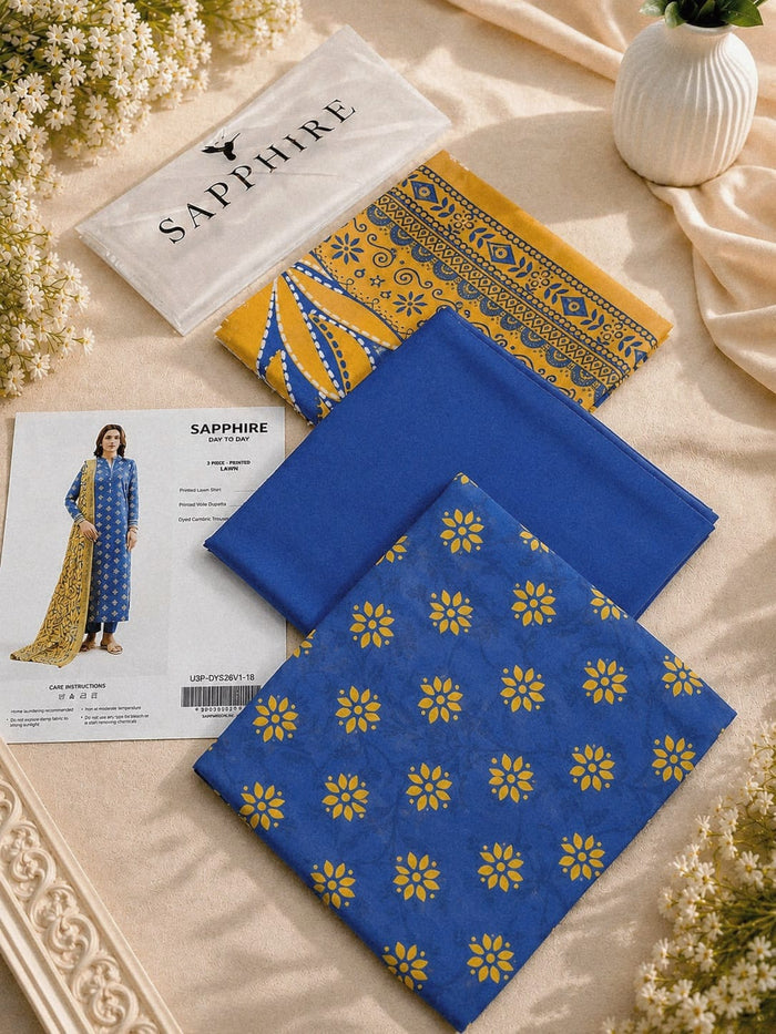 Sapphire Luxury Printed Lawn 3 Piece Suit – Design 2 | Double Dhaga