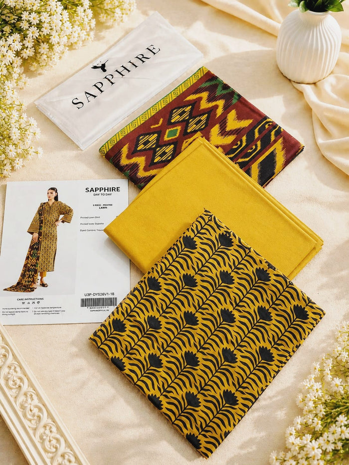Sapphire Luxury Printed Lawn 3 Piece Suit – Design 3 | Double Dhaga