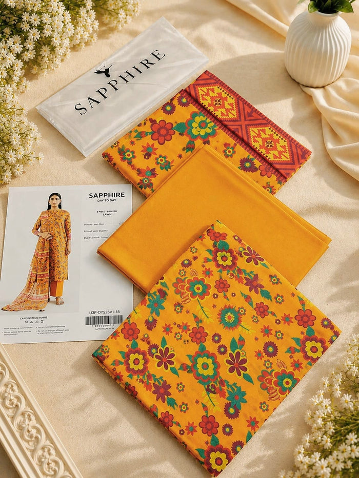 Sapphire Luxury Printed Lawn 3 Piece Suit – Design 4 | Double Dhaga