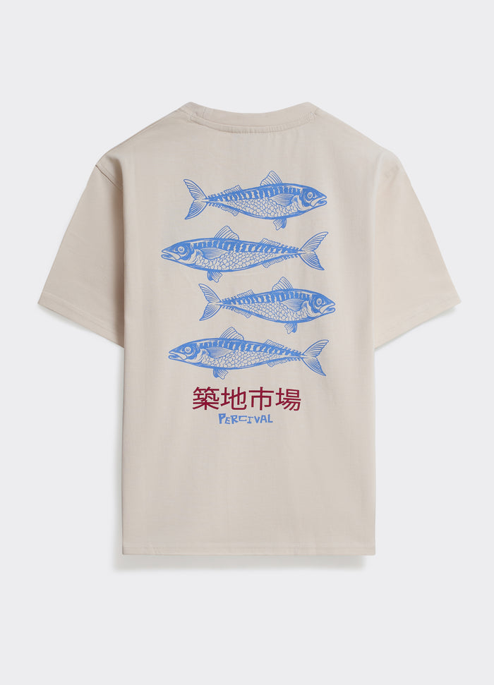 Off White Percival Sardines T Shirt featuring a blue back graphic of four sardines and branding on soft cotton jersey.