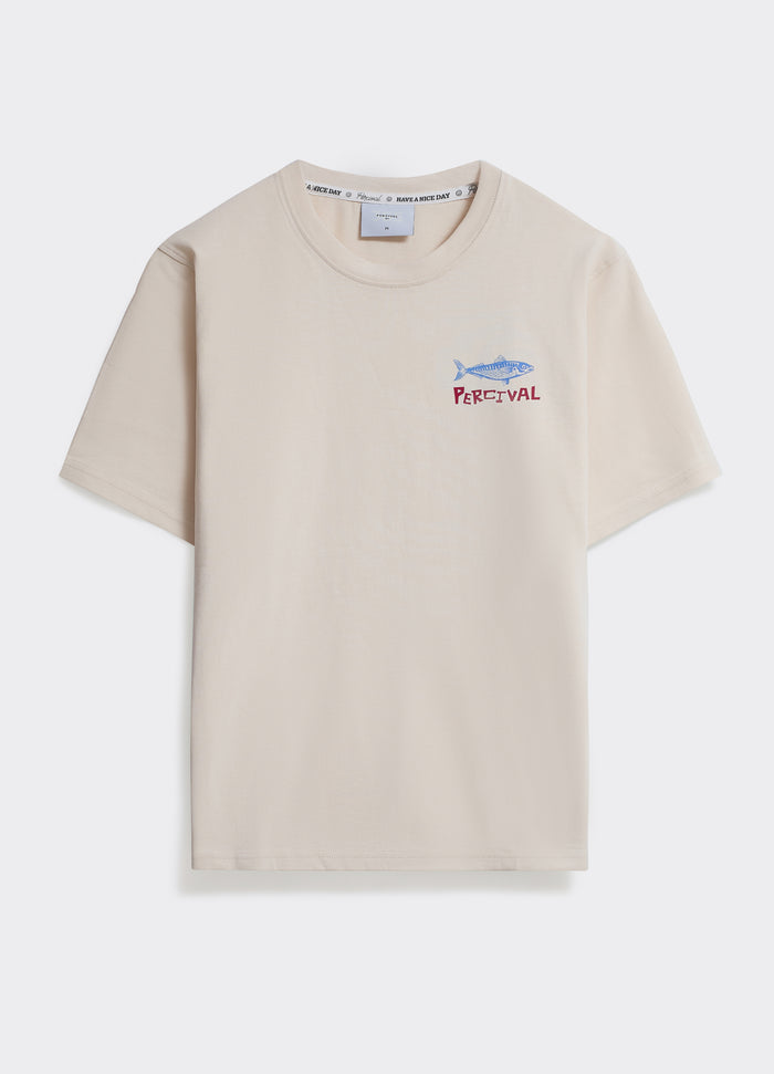 The Percival Sardines T-shirt in off-white jersey, with a blue fish graphic and red logo, displayed as a flat lay.